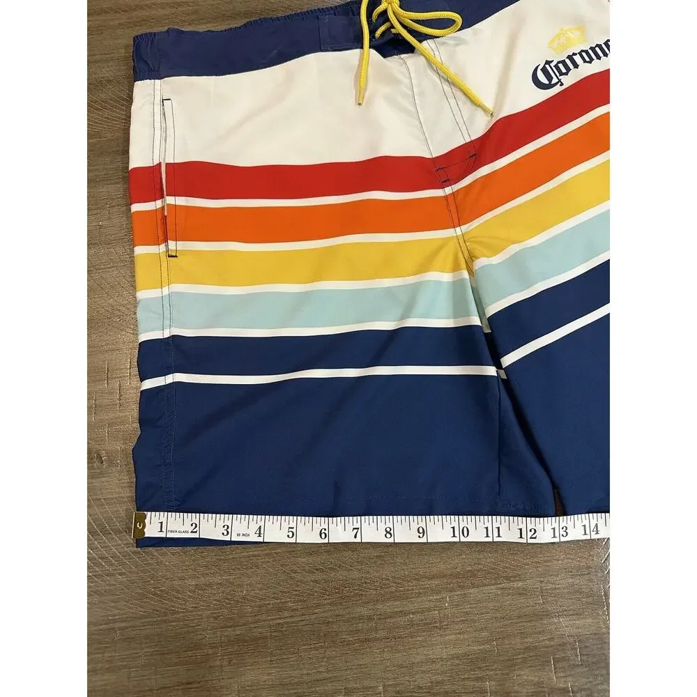 Corona Swim Trunks Mens L 36/38 Blue Colorful Striped Board Shorts Beer Retro